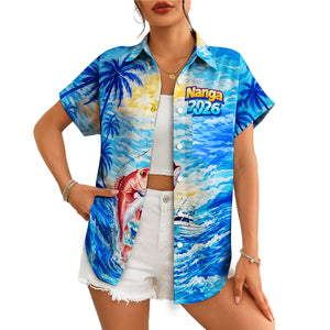 Blue Hawaiian shirt red snapper fish jumping ocean waves palms variant 4