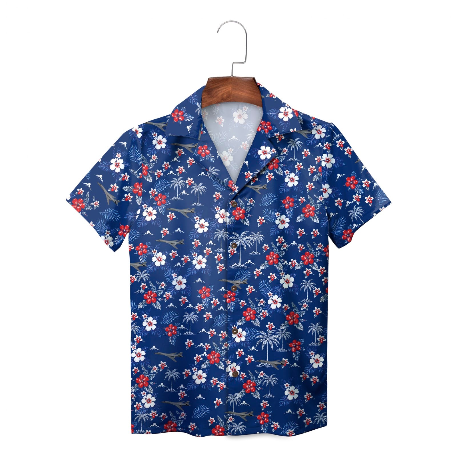 Blue floral Hawaiian shirt with palm trees and aircraft