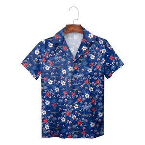 Blue floral Hawaiian shirt with palm trees and aircraft