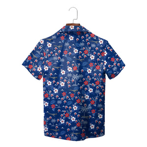 Blue floral Hawaiian shirt with palm trees and aircraft variant 2