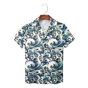 Japanese style breaking waves print short sleeve shirt