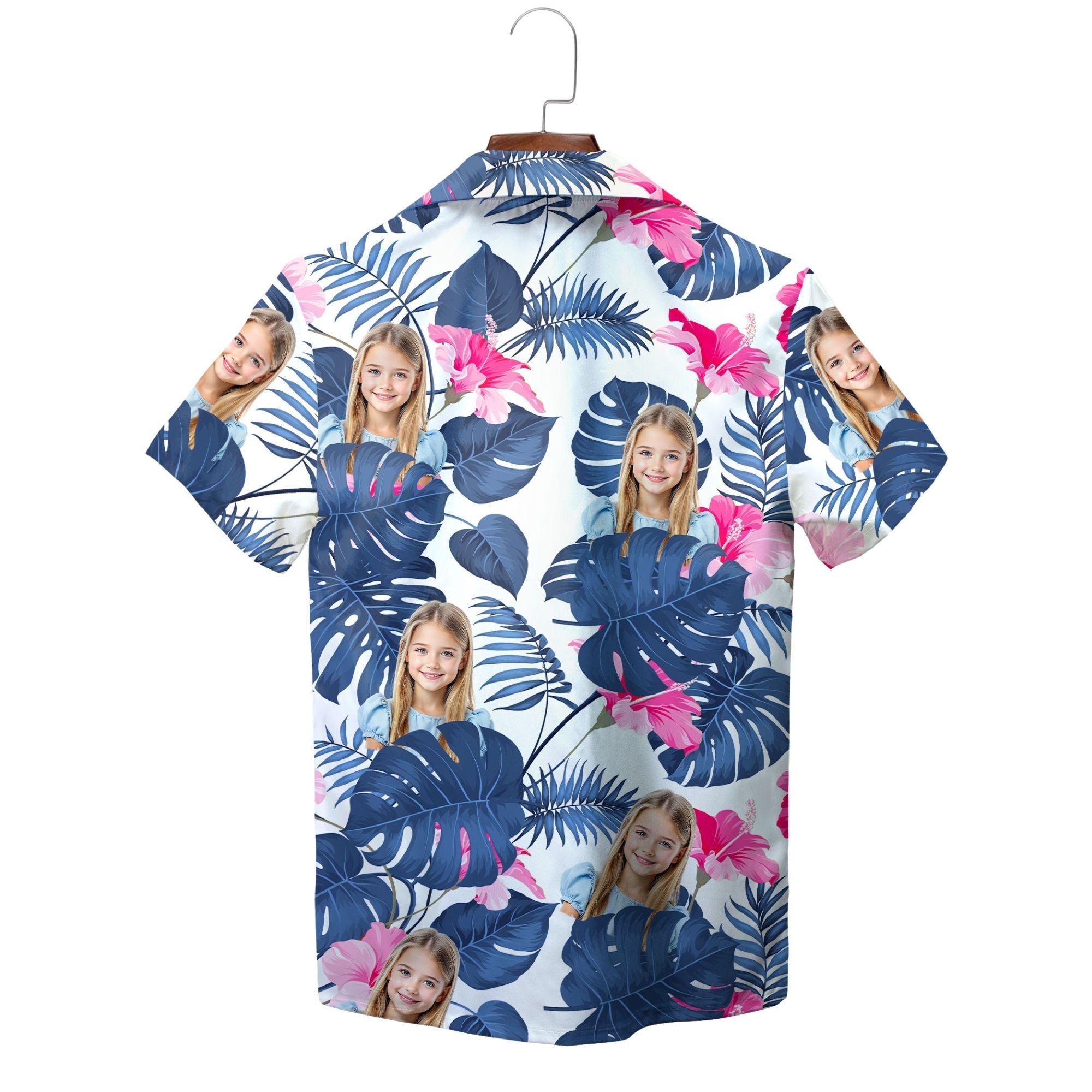 Navy and Pink Monstera Leaf Face Hawaiian Shirt