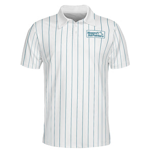 White polo with blue vertical lines and company logo