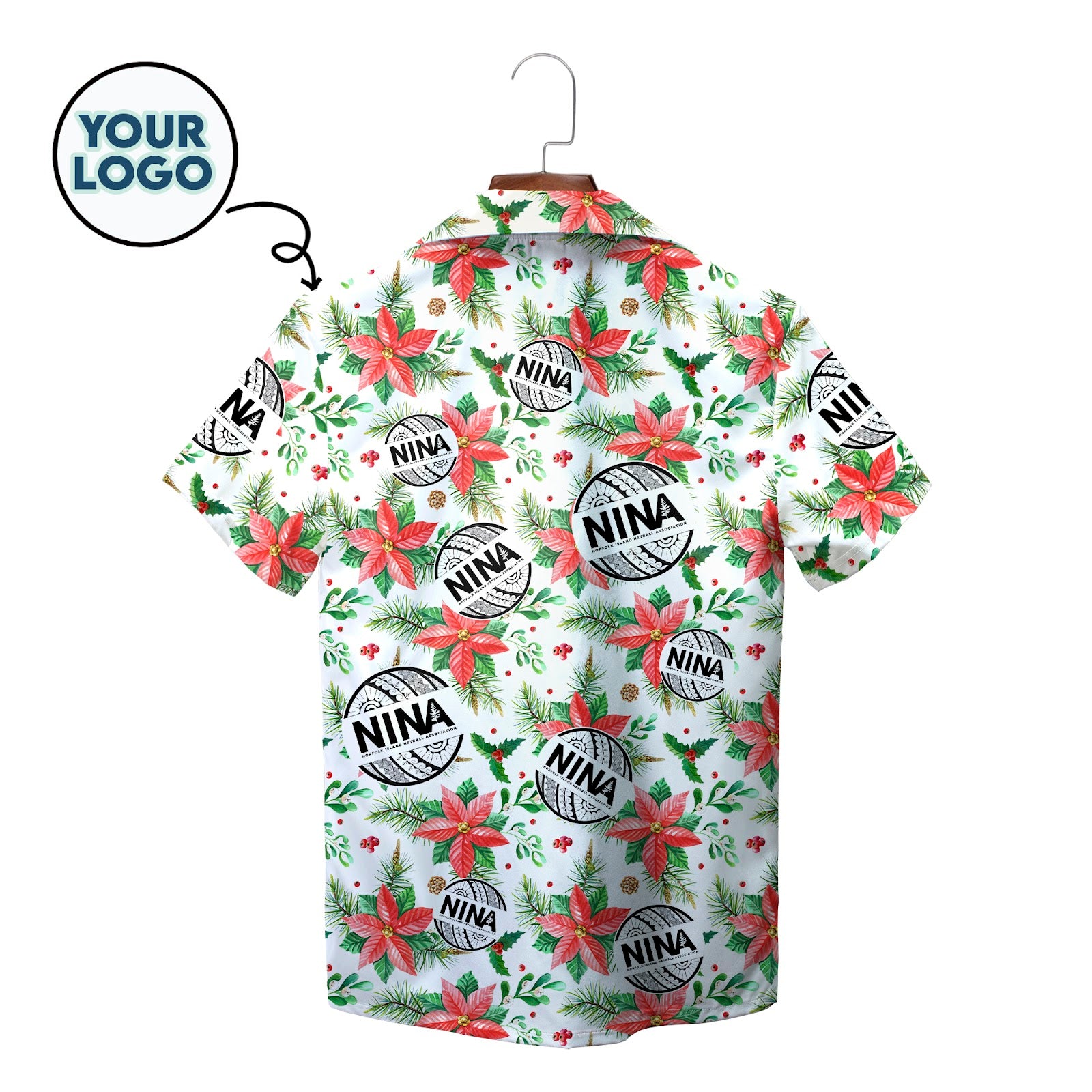 White holiday shirt showing poinsettias holly netball emblems variant 2