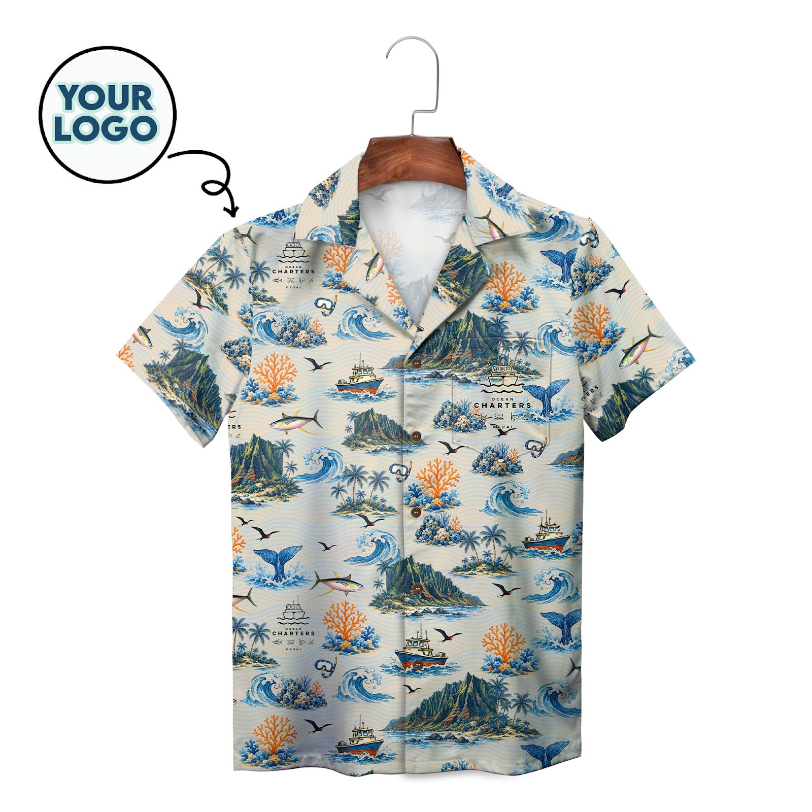 Aloha shirt showing islands boats coral crashing surf variant 2