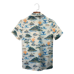 Aloha shirt showing islands boats coral crashing surf variant 3
