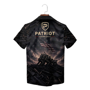 Black aloha shirt showing soldiers raising US flag amid firearms variant 2