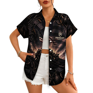 Black aloha shirt showing soldiers raising US flag amid firearms variant 4