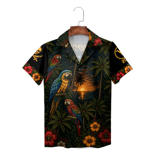 Personalized Pirate Skull Macaw Sunset Palm Hawaiian Shirt