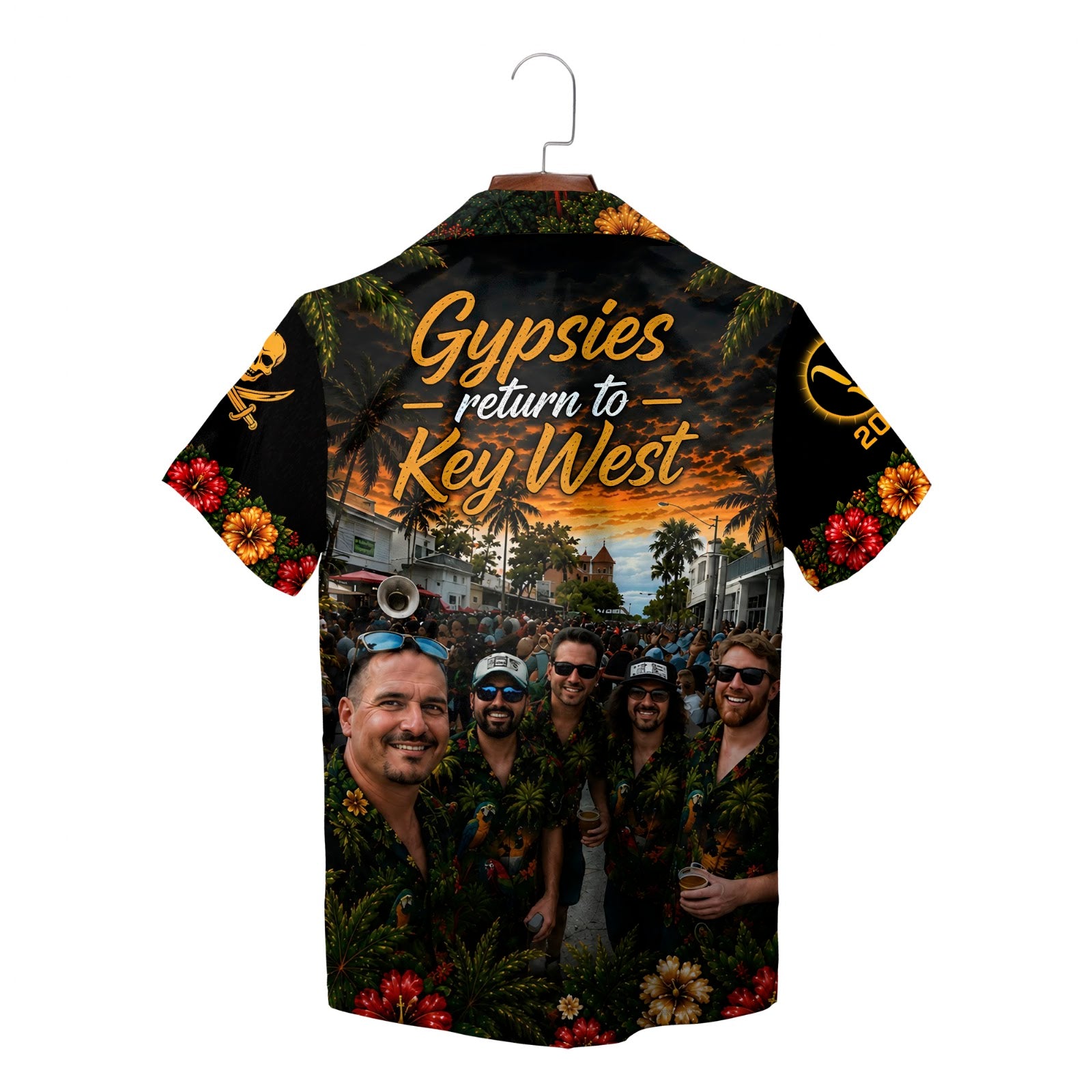 Macaws, palms, hibiscus, sunset print camp shirt variant 2