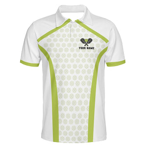 White polo shirt with lime green trim and pickleball pattern