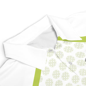 White polo shirt with lime green trim and pickleball pattern variant 3