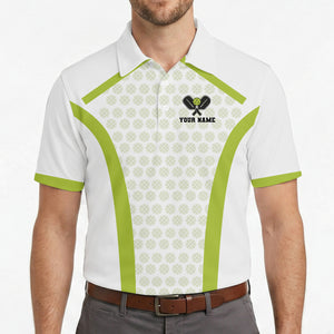 White polo shirt with lime green trim and pickleball pattern variant 4