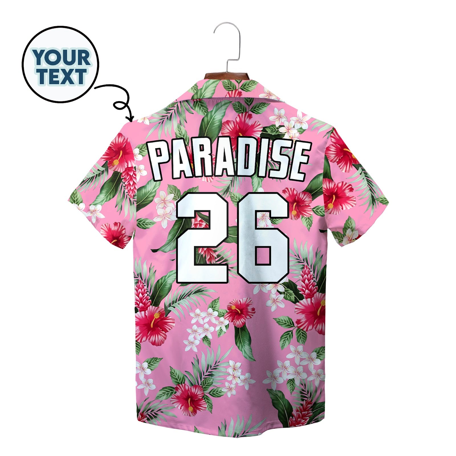 Pink Hawaiian shirt with red hibiscus white plumeria print variant 2