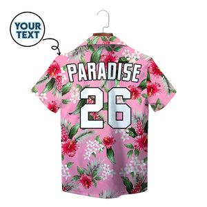 Pink Hawaiian shirt with red hibiscus white plumeria print variant 2