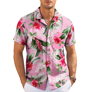 Pink Hawaiian shirt with red hibiscus white plumeria print variant 3