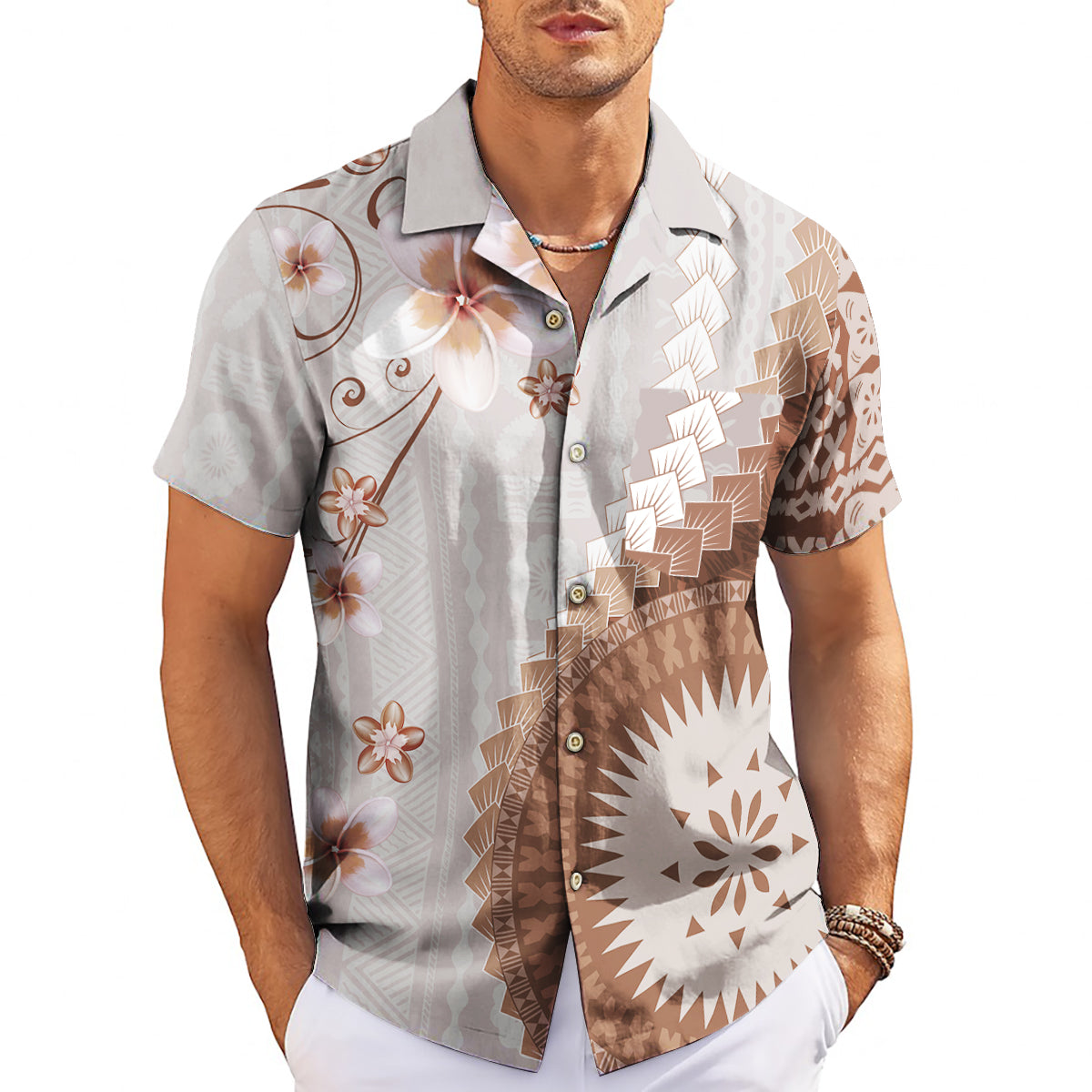 Brown tapa mandala plumeria floral split design camp shirt variant 3