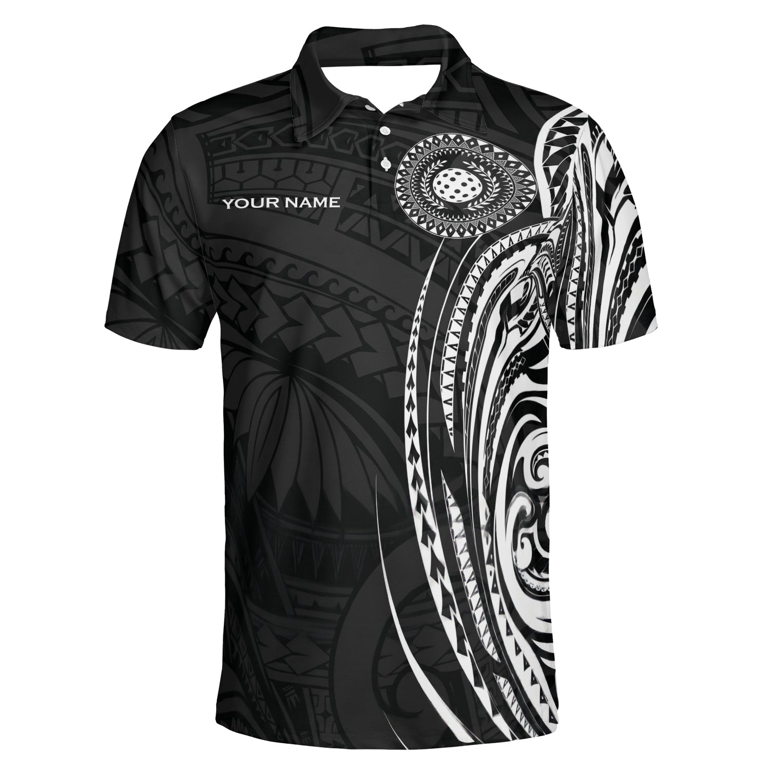 Black white Polynesian tribal pickleball polo shirt mockup