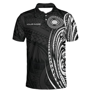 Black white Polynesian tribal pickleball polo shirt mockup