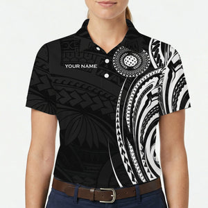 Black white Polynesian tribal pickleball polo shirt mockup variant 5