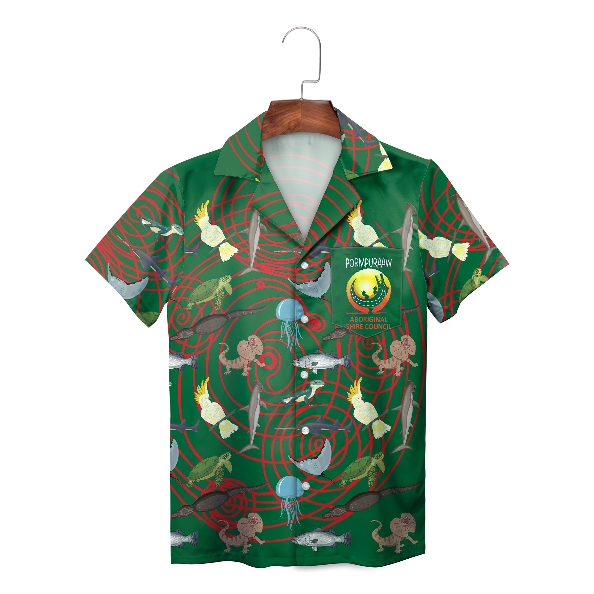 Green Hawaiian shirt with Australian animals red spirals