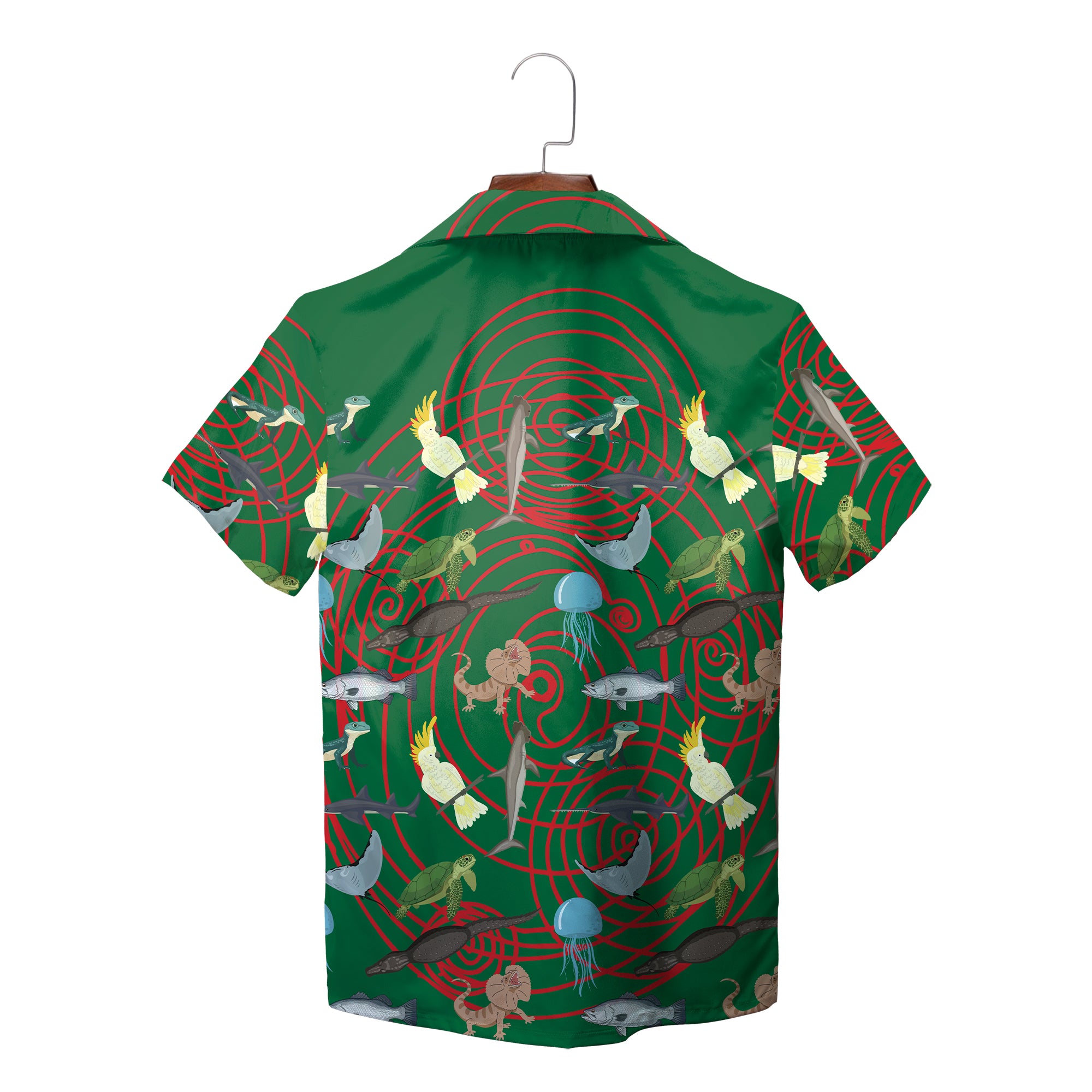 Green Hawaiian shirt with Australian animals red spirals variant 2