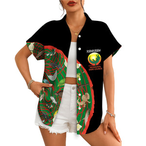 Black Hawaiian shirt with Aboriginal wildlife art and council logo variant 3