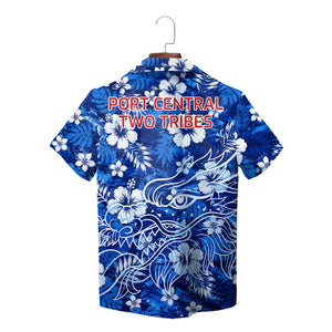 Blue white floral aloha shirt hanging on wooden hanger variant 3