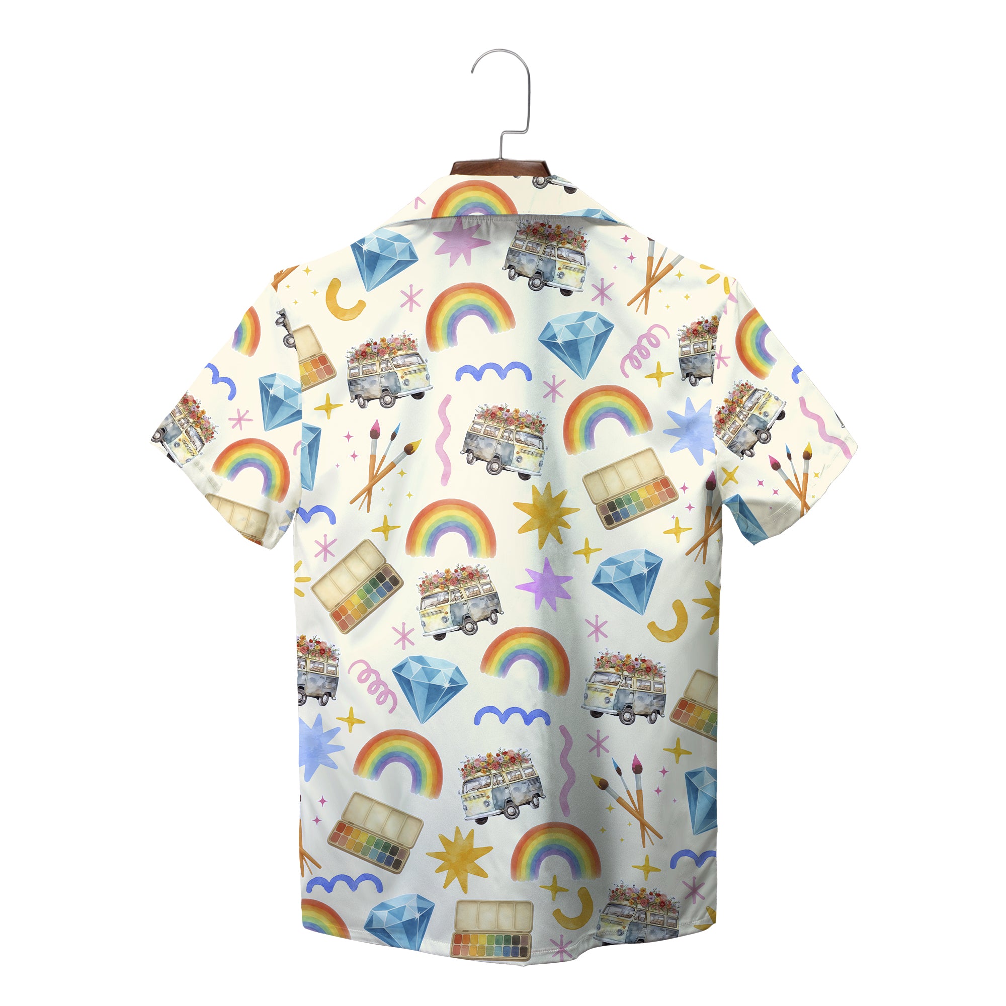 Cream Hawaiian shirt with rainbow van diamond paintbrush pattern variant 2