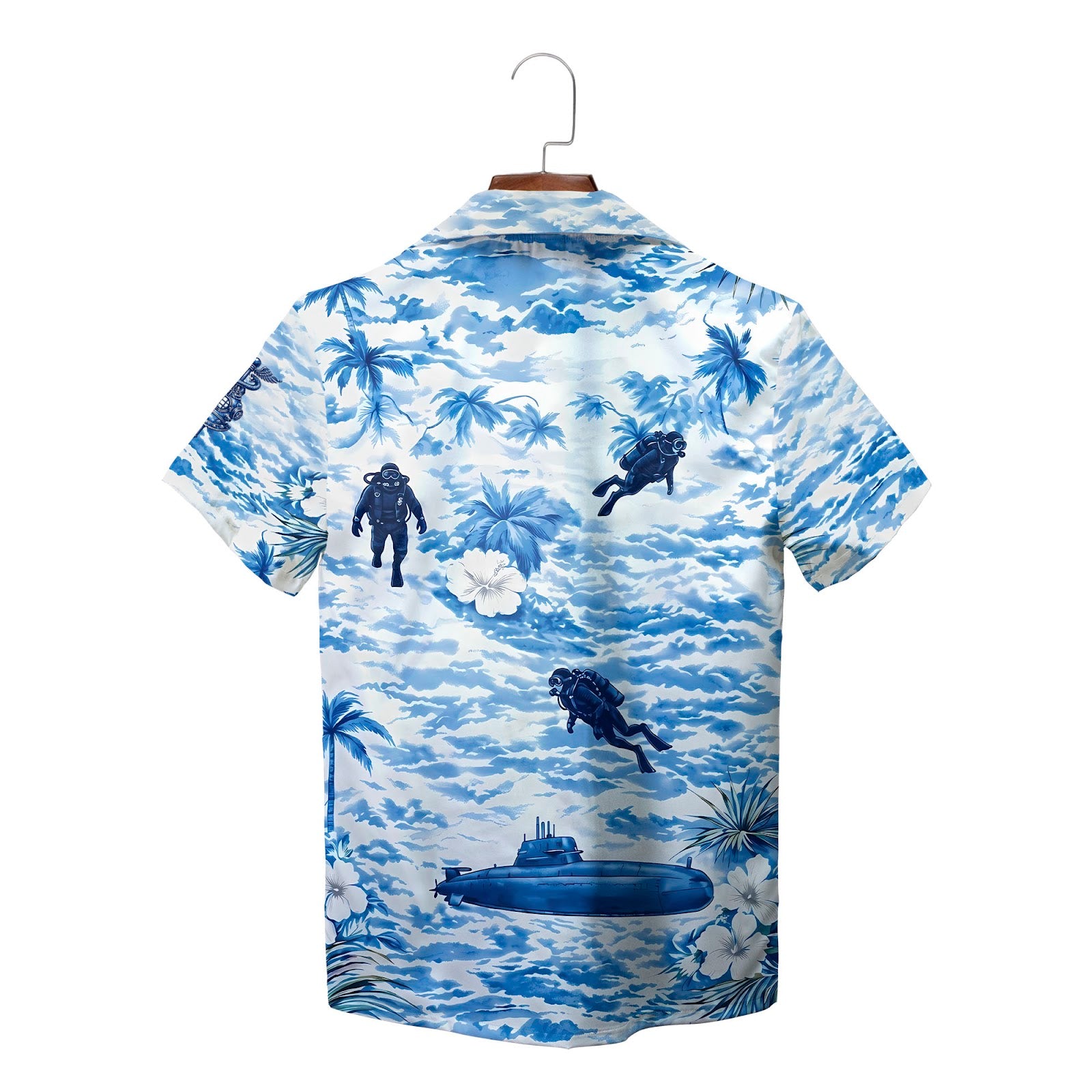 Blue ocean Hawaiian shirt with submarine divers palm trees variant 2