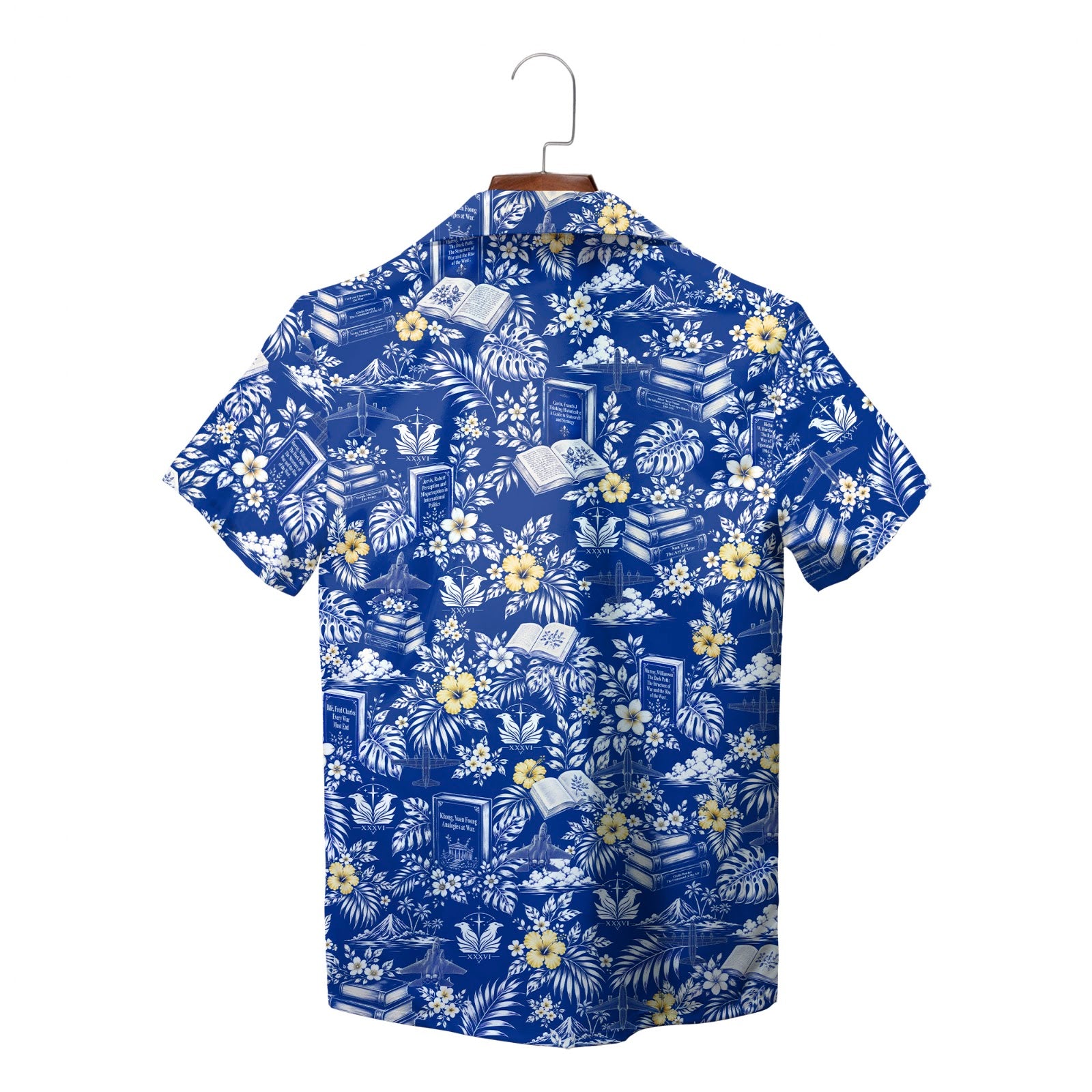 Blue floral shirt printed with books, jets, eagle emblem variant 2