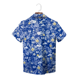 Blue floral shirt printed with books, jets, eagle emblem variant 2