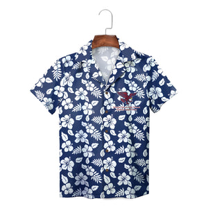 Navy blue floral aloha shirt showing cardinal hawk emblem