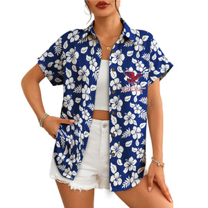 Navy blue floral aloha shirt showing cardinal hawk emblem variant 4