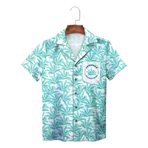 Teal kelp print camp shirt with Seaweed pocket logo