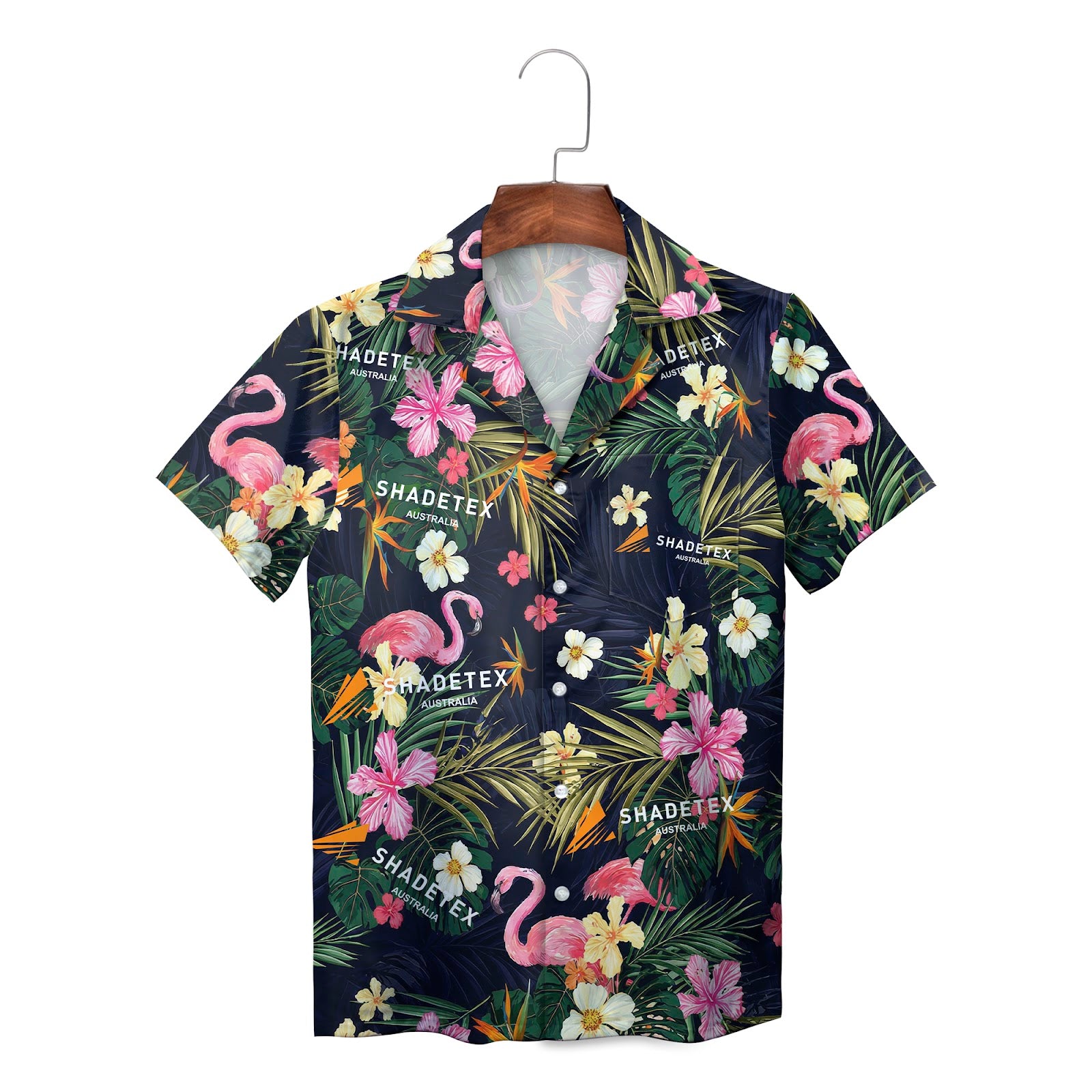 Navy Hawaiian shirt with pink flamingos palm leaves flowers