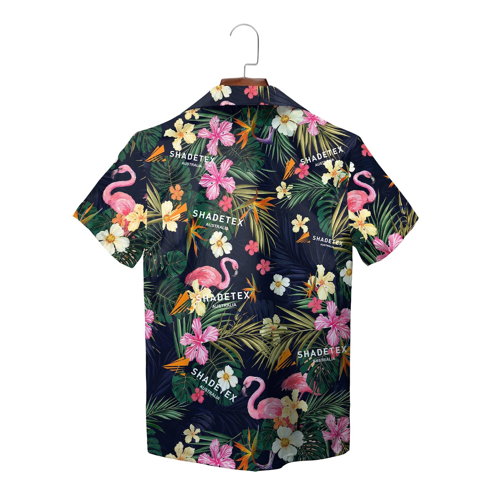 Navy Hawaiian shirt with pink flamingos palm leaves flowers variant 2