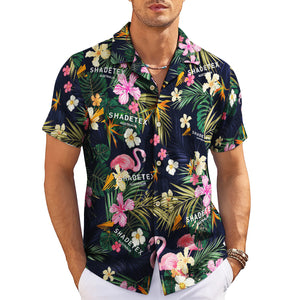 Navy Hawaiian shirt with pink flamingos palm leaves flowers variant 3