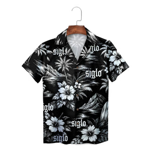 Black white floral palm beach short sleeve shirt