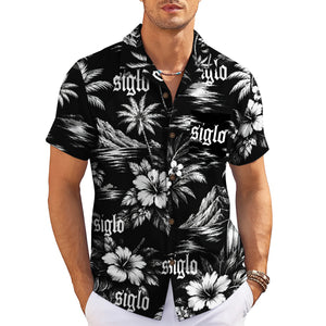 Black white floral palm beach short sleeve shirt variant 11