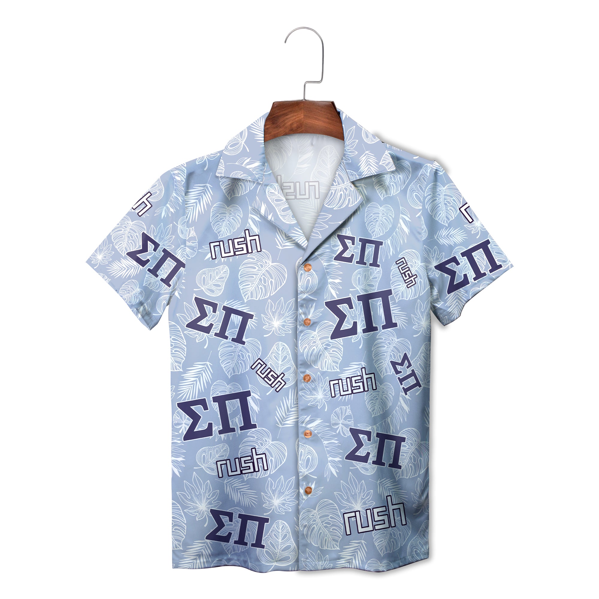 Pale blue button shirt showing Greek letters palm leaf print