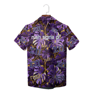 Pale blue button shirt showing Greek letters palm leaf print variant 7