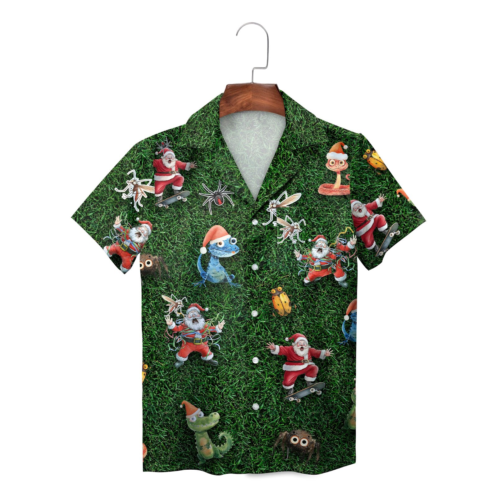 Green grass Hawaiian shirt with skating Santa and cartoon bugs
