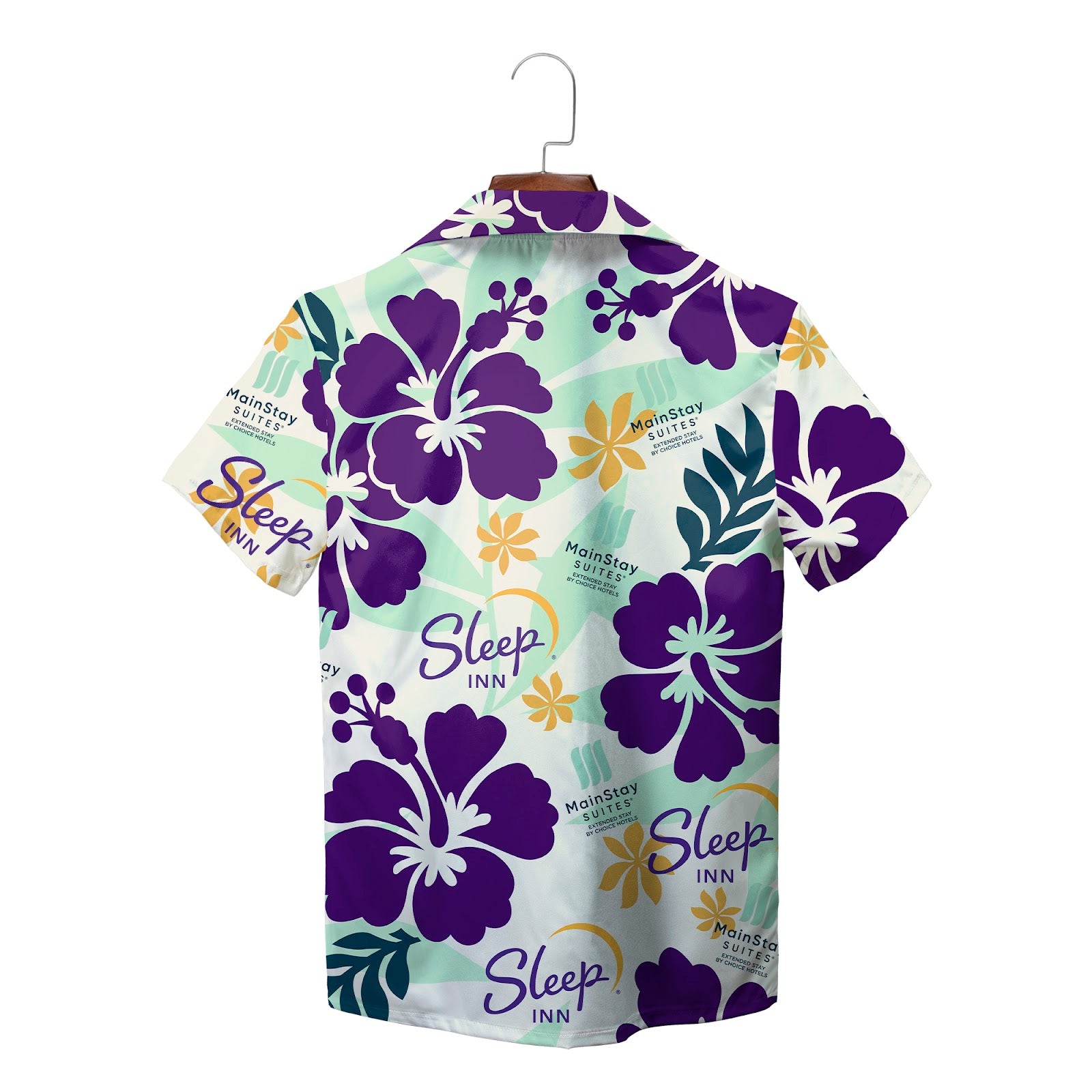 Camp shirt featuring violet hibiscus blooms hotel branding variant 2