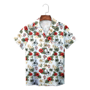 White tropical print shirt on wooden hanger, chapel motifs