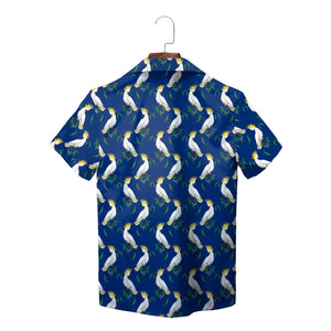 White cockatoos on blue short sleeve shirt on hanger variant 2