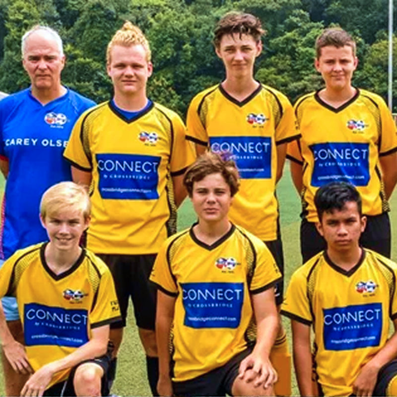 Teen soccer team in matching jerseys