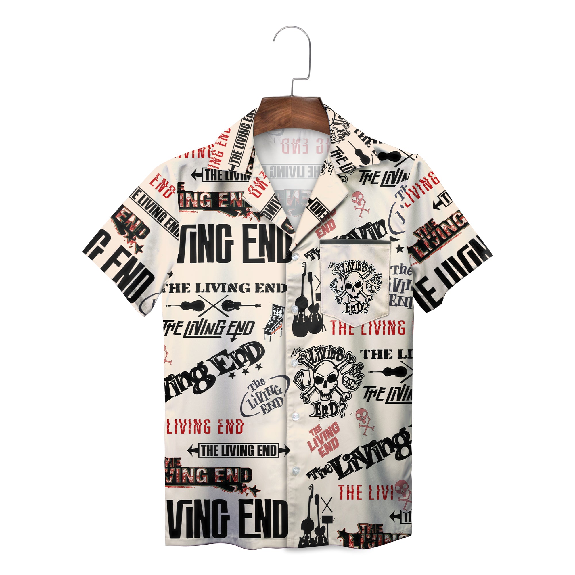 Cream Hawaiian shirt with The Living End logos and skulls