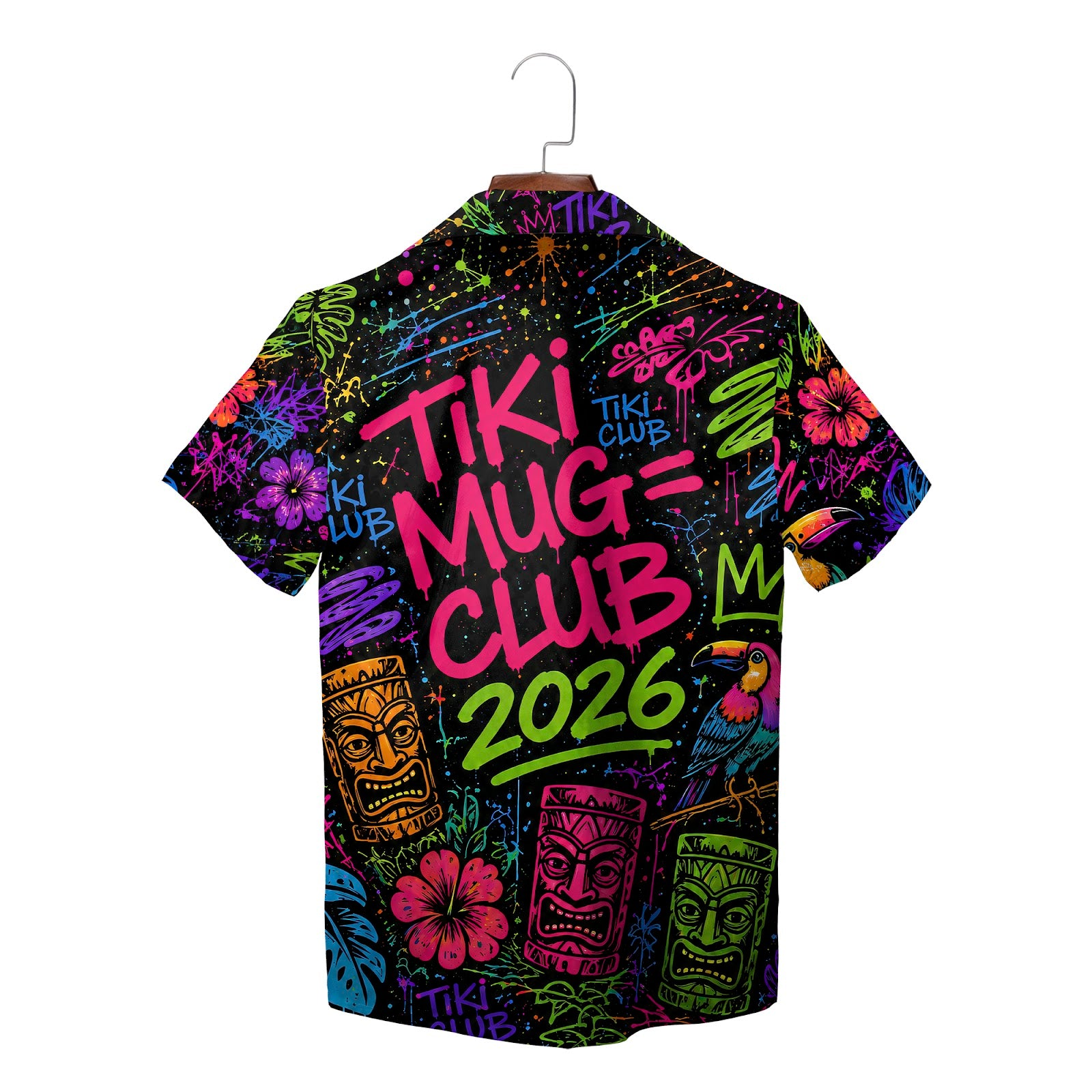 Colorful tiki mask toucan hibiscus aloha shirt on hanger variant 2