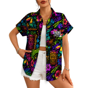 Colorful tiki mask toucan hibiscus aloha shirt on hanger variant 4